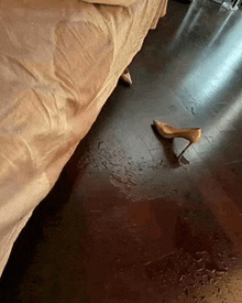 a pair of high heels is laying on a wooden floor next to a bed