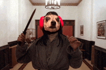 a person with a dog 's head on holding a knife