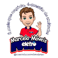 a logo for marcelo moveis eletro shows a man waving his hand