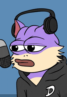 a cartoon cat wearing headphones and a hoodie with the letter d on the front