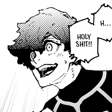 a black and white drawing of a person with a speech bubble that says " holy shit "
