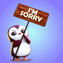 a penguin holds up a sign that says i 'm sorry