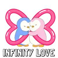 a couple of penguins hugging and kissing with the words infinity love below them