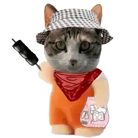 a cat wearing a hat and overalls is holding a skewer