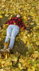 a woman is laying on a pile of leaves in a park .