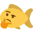 a yellow fish with a thinking face and a thumb on its nose .