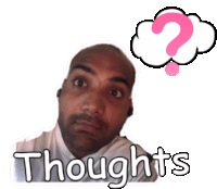 a sticker of a man with a question mark in a thought bubble says thoughts