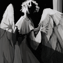 a black and white drawing of a woman with wings and a star