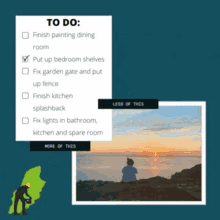 a to do list with a picture of a man sitting on a rock overlooking the ocean