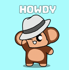a cartoon of a monkey holding a white hat with the word howdy above him