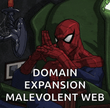 a spider man sitting in a chair with the words domain expansion malevolent web behind him