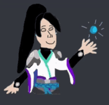 a cartoon of a woman holding a blue object in her hand