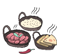 a cartoon drawing of three bowls of food including rice meat and bread