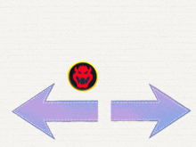 two arrows pointing in opposite directions with a circle with a red devil on it