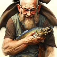 a man with a beard is holding a large fish in his hands