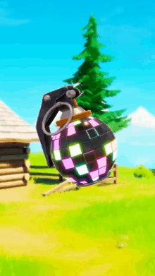 a colorful disco ball is being held by a grenade in a video game