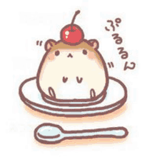 a hamster is sitting on a plate with a spoon and a cherry on top .