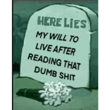 a gravestone with the words here lies my will to live after reading that dumb shit on it