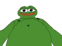 a cartoon frog with a big belly is looking up at the camera on a white background .