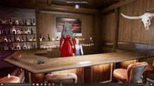 a computer screen shows a woman in a red dress standing at a bar in a bmeta yachts gallery room