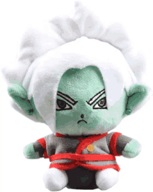 a stuffed toy of a green elf with white hair and earrings