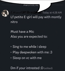 a screenshot of a conversation between eternal # 1 brazil and lf petite e-girl will pay with monthly nitro