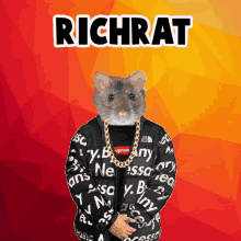 a picture of a rat wearing a supreme jacket and a gold chain