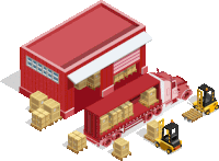 an isometric illustration of a warehouse with a truck loaded with boxes and pallets