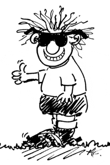 a black and white drawing of a boy wearing sunglasses and giving a thumbs up