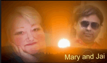 a picture of mary and jai with a sun in the background