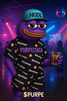 a purple frog wearing a hodl hat is holding a drink