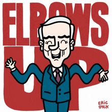 a cartoon of a man with elbows written in red letters