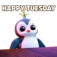 a happy tuesday sticker with a penguin