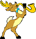 a cartoon moose is blowing a horn with a bow tie .