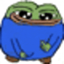 a cartoon frog wearing a blue sweater with a heart in his pocket .