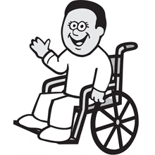 a black and white cartoon of a man in a wheelchair waving his hand .