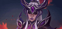 a woman with purple eyes is wearing a purple armor