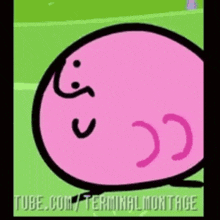 a pink cartoon character is standing on a green field with a green background .