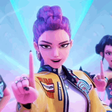 a cartoon girl with purple hair is wearing a yellow jacket and giving the middle finger .