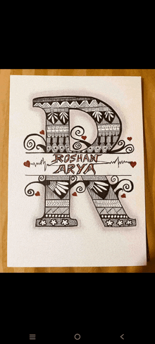 a drawing of the letter r with the name roshan arya written below it