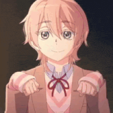 a girl with pink hair and blue eyes is wearing a bow tie and a pink jacket .