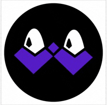 a black circle with two purple squares on it and a white face .