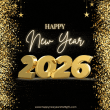 a happy new year greeting card with gold numbers 2026