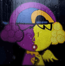 a cartoon character with a purple hat and sunglasses is behind a glass with rain drops