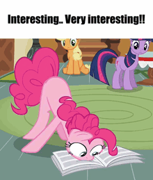 pinkie pie is reading a book while twilight sparkle and applejack are standing behind her