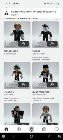 a screenshot of a roblox app that says something went wrong