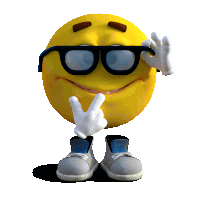 a yellow smiley face wearing glasses is giving the peace sign