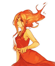 the girl is wearing a red dress and has fire in her hair .