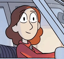 a cartoon of a woman driving a car with her eyes wide open