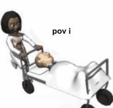 a cartoon woman is pushing a man in a hospital bed on a stretcher .